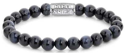 Armband aus 8mm großen dunkelblauen Tigerauge-Steinen mit Edelstahlverschluss - Rebel&Rose Modell: RR-80039-S-L
