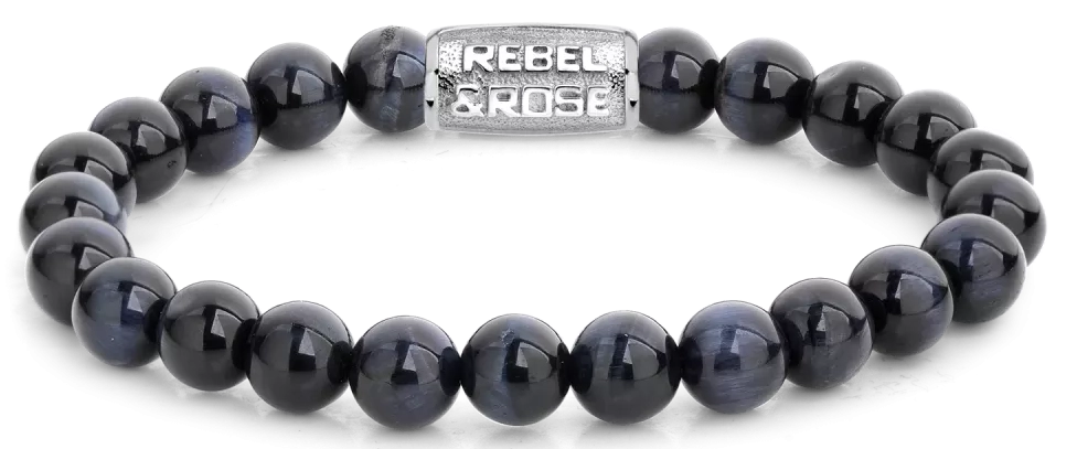 Armband aus 8mm großen dunkelblauen Tigerauge-Steinen mit Edelstahlverschluss - Rebel&Rose Modell: RR-80039-S-M