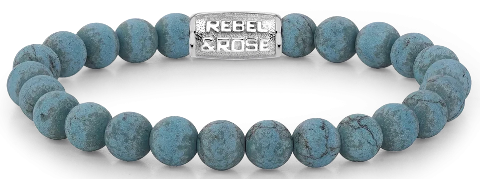 Armband aus 8mm großen Turqurenit-Steinen mit Edelstahlverschluss - Rebel&Rose Modell: RR-80043-S-M