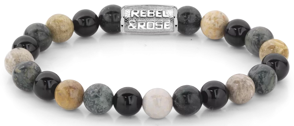 Armband aus 8mm großen Edelsteinen aus Rhyolith, Chrysantheme und Achat mit Edelstahlverschluss - Rebel&Rose Modell: RR-80051-S-M