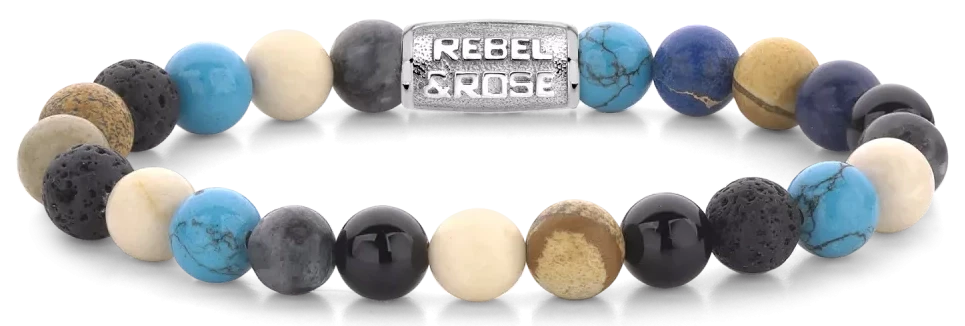 Armband aus 8mm großen Edelsteinen aus Achat, Larvikit, Lavastein, Bild Jaspis, Turqurenit und Fossil mit Edelstahlverschluss - Rebel&Rose Modell: RR-80064-S-L