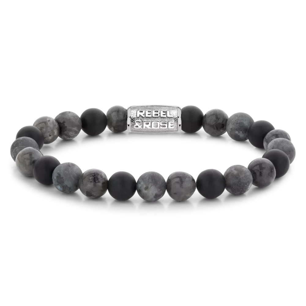 Armband aus 8mm großen grauen Edelsteinen mit Edelstahlverschluss - Rebel&Rose Modell: RR-80069-S-L