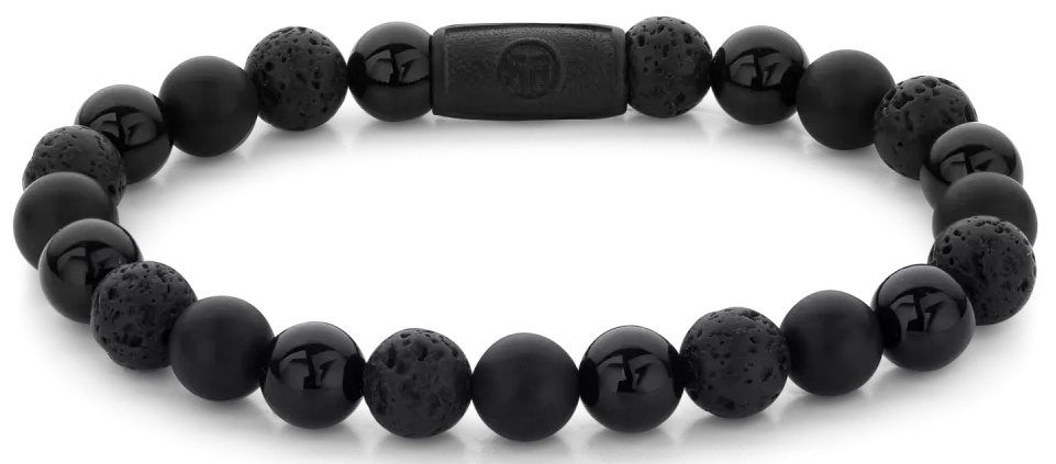 Armband aus 8mm großen schwarzen Edelsteinen mit schwarzem Stahlverschluss - Rebel&Rose Modell: RR-80073-B-M