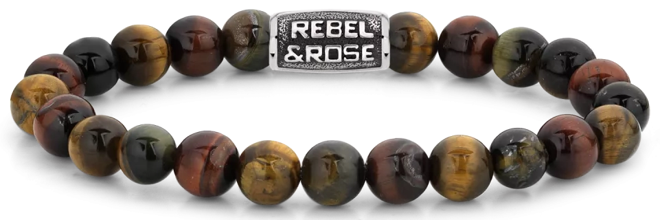 Armband aus 8mm großen Edelsteinen Tigerauge mit Metallverschluss - Rebel&Rose Modell: RR-80095-V-L