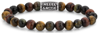 Armband aus 8mm großen Edelsteinen Tigerauge mit Metallverschluss - Rebel&Rose Modell: RR-80095-V-L