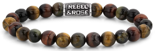 Bracelet made of 8mm gemstone tiger's eye with metal clasp - Rebel&Rose Model: RR-80095-V-L