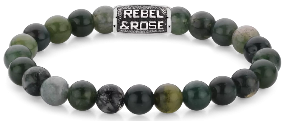 Armband aus 8mm großen dunkelgrünen Moos-Achat-Edelsteinen mit dunkelgrünem Stahlverschluss - Rebel&Rose Modell: RR-80098-V-M