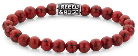Armband aus 8mm großen roten Edelsteinen mit grauem Edelstahlverschluss - Rebel&Rose Modell: RR-80099-V-L