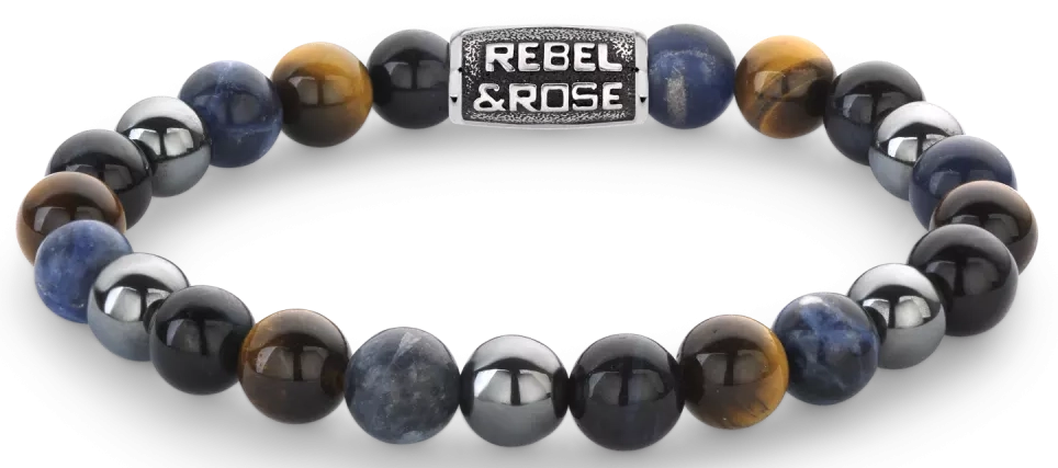 Armband aus 8mm großen Sodalith, gelbem Tigerauge, blauem Tigerauge und grauem Hämatitedelsteinen mit grauem Edelstahlverschluss - Rebel&Rose Modell: RR-80100-V-L