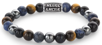 Armband aus 8mm großen Sodalith, gelbem Tigerauge, blauem Tigerauge und grauem Hämatitedelsteinen mit grauem Edelstahlverschluss - Rebel&Rose Modell: RR-80100-V-L