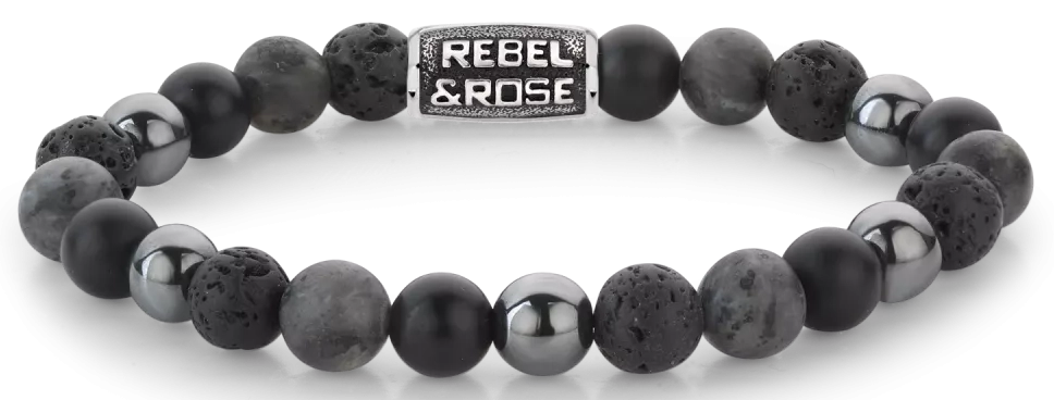 Armband aus 8mm großen schwarzen Onyx-, Lava-, Larvakit- und Hämatitsteinen mit grauem Edelstahlverschluss - Rebel&Rose Modell: RR-80105-V-L