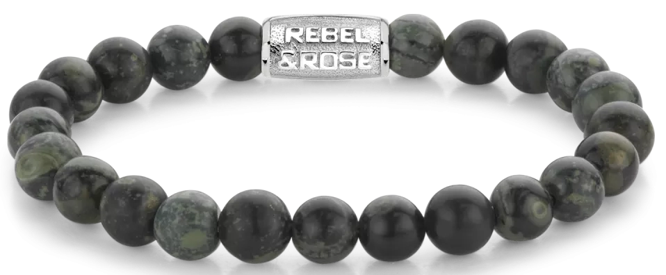 Armband aus 8mm großen Rhyolithsteinen mit Metallverschluss - Rebel&Rose Modell: RR-80107-S-L