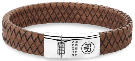 Armband aus 12mm dickem, braunem Leder mit Silberverschluss - Rebel&Rose Modell: RR-L0157-S-M