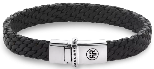 Armband aus insgesamt 9,2mm dickem, schwarzem, geflochtenen Lederschnüren, (jede Schnur ist 2mm dick), mit Silberverschluss - Rebel&Rose Modell: RR-L0161-S-L
