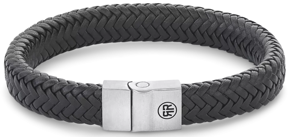 Armband aus 12mm dickem, schwarzem Leder mit Edelstahlverschluss - Rebel&Rose Modell: RR-M0019-S-L