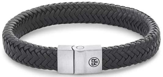 Armband aus 12mm dickem, schwarzem Leder mit Edelstahlverschluss - Rebel&Rose Modell: RR-M0019-S-L