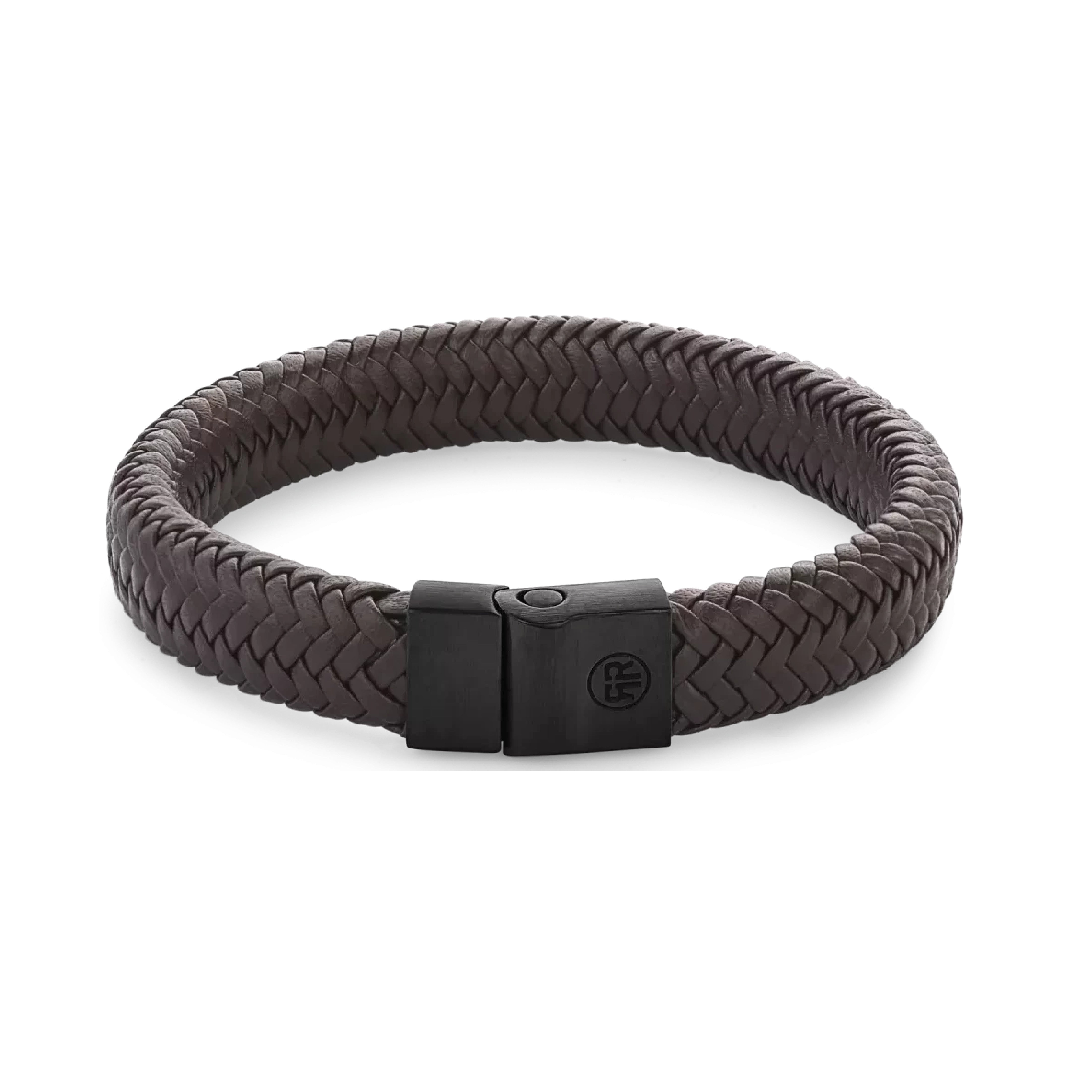 Armband aus 12mm dickem, dunkelbraunem Leder mit schwarzem Edelstahlverschluss - Rebel&Rose Modell: RR-M0023-B-M