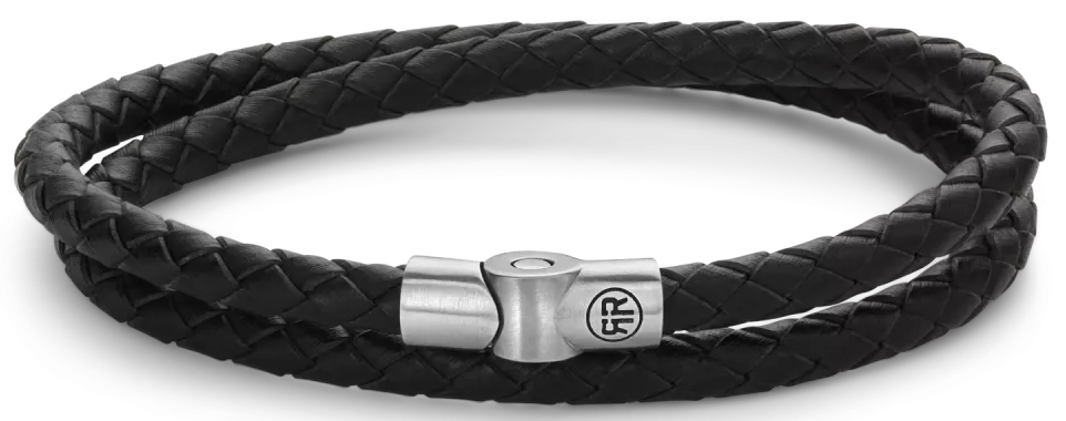 Armband aus zwei 5mm dicken, schwarzen Lederschnüren mit Edelstahlverschluss - Rebel&Rose Modell: RR-M0038-S-L