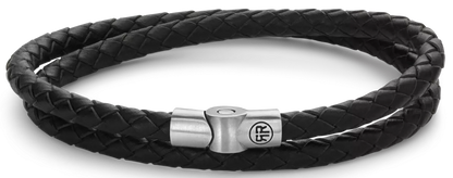 Armband aus zwei 5mm dicken, schwarzen Lederschnüren mit Edelstahlverschluss - Rebel&Rose Modell: RR-M0038-S-L