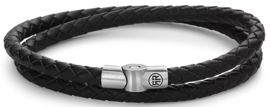 Armband aus zwei 5mm dicken, schwarzen Lederschnüren mit Edelstahlverschluss - Rebel&Rose Modell: RR-M0038-S-L