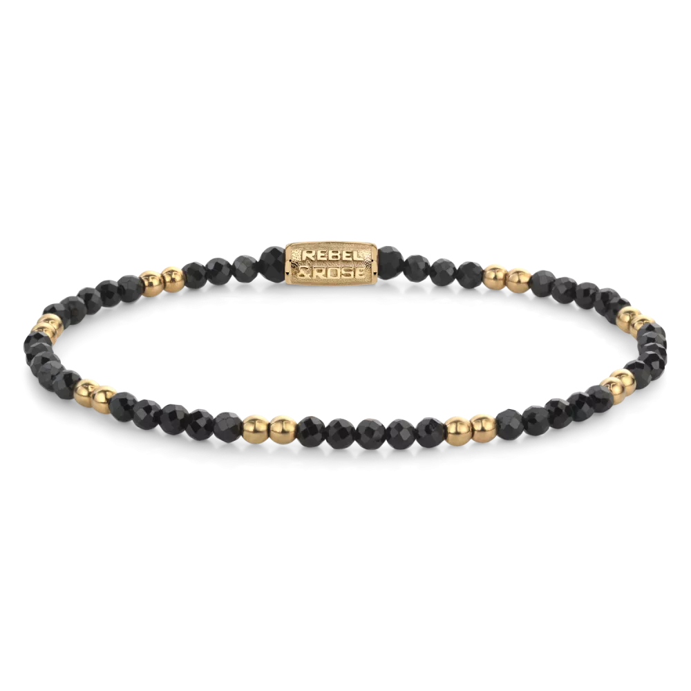 Armband aus schwarzen und goldfarbenen Edelsteinen mit Edelstahlverschluss - Rebel&Rose Modell: RR-30004-G-M
