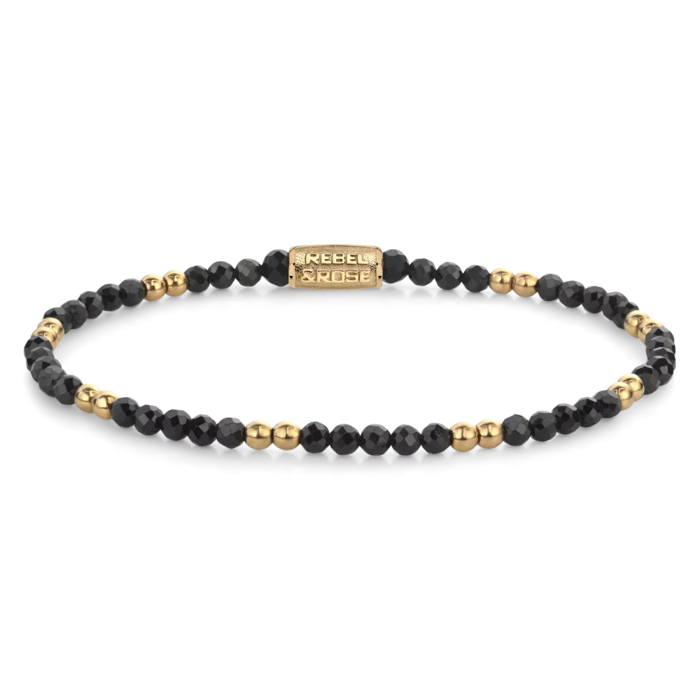 Armband aus schwarzen und goldfarbenen Edelsteinen mit Edelstahlverschluss - Rebel&Rose Modell: RR-30004-G-S