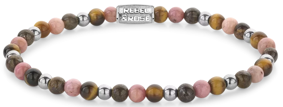 Armband aus 4 mm großen Steinen (Hämatit, Tigerauge, Rhodochrosit und Bronzit) mit Edelstahlverschluss - Rebel&Rose Modell: RR-40128-S-S