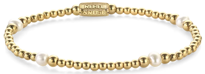 Armband aus 4mm echten Süßwasserperlen, 3 und 4mm großen, goldplattierten Edelstahlsteinen und Edelstahlverschluss - Rebel&Rose Modell: RR-40136-G-M