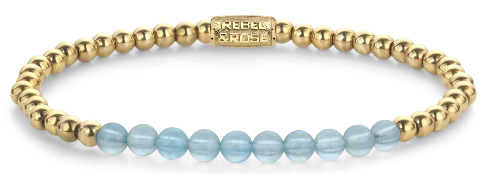 Armband aus 4mm echten Aquamarinperlen, 4mm großen, goldplattierten Edelstahlsteinen und Edelstahlverschluss - Rebel&Rose Modell: RR-40137-G-M