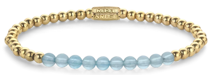 Armband aus 4mm echten Aquamarinperlen, 4mm großen, goldplattierten Edelstahlsteinen und Edelstahlverschluss - Rebel&Rose Modell: RR-40137-G-M