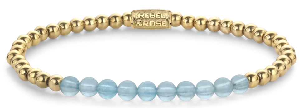 Bracelet made of 4mm genuine aquamarine beads, 4mm gold-plated stainless steel beads, and stainless steel clasp - Rebel&Rose Model: RR-40137-G-S