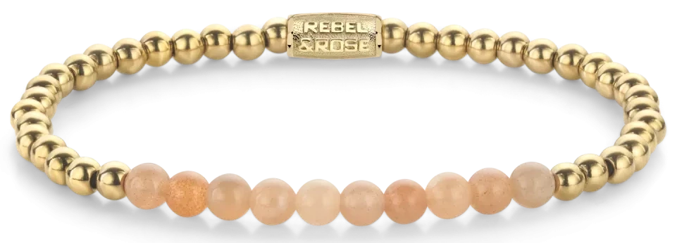 Armband aus 4mm echten Sonnensteinperlen, 4mm großen, goldplattierten Edelstahlsteinen und Edelstahlverschluss - Rebel&Rose Modell: RR-40139-G-M