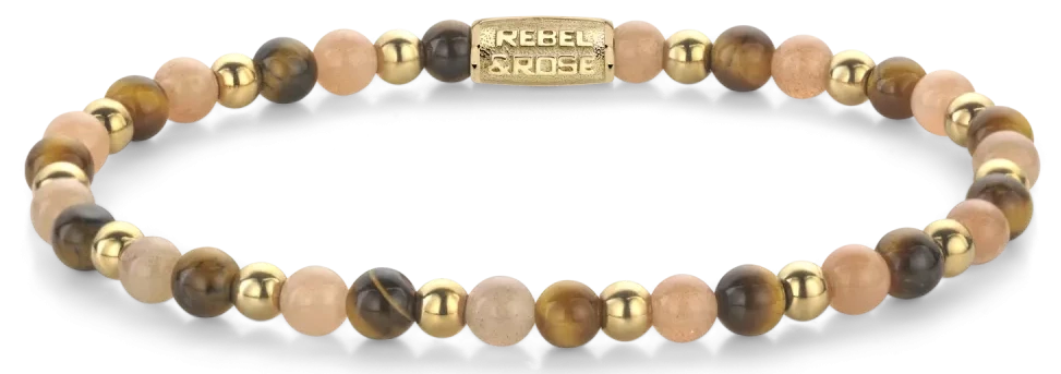 Armband aus 4mm Steinen (Tigerauge, Sonnenstein, goldfarbene Steine) und Edelstahlverschluss - Rebel&Rose Modell: RR-40140-G-M