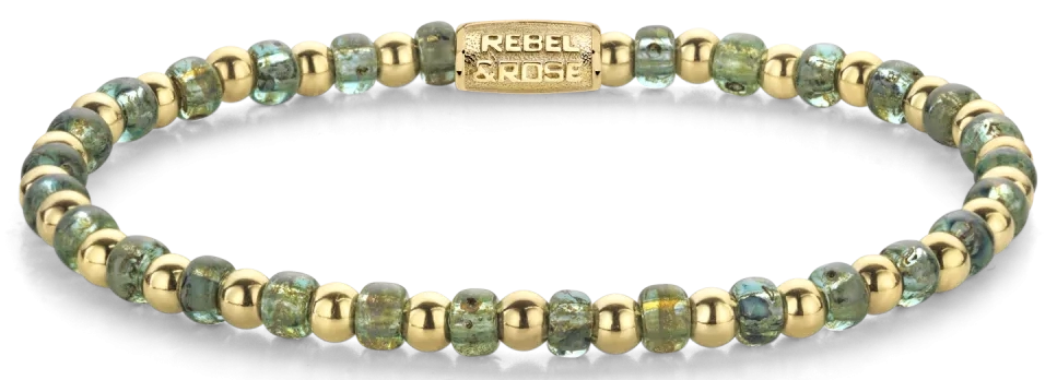 Armband aus 4mm grünen Glassteinen, goldplattierten Edelstahlsteinchen und Edelstahlverschluss - Rebel&Rose Modell: RR-40145-G-M