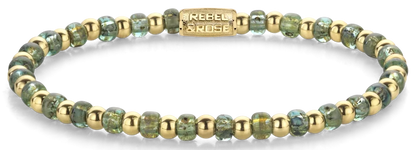 Armband aus 4mm grünen Glassteinen, goldplattierten Edelstahlsteinchen und Edelstahlverschluss - Rebel&Rose Modell: RR-40145-G-M