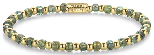 Armband aus 4mm grünen Glassteinen, goldplattierten Edelstahlsteinchen und Edelstahlverschluss - Rebel&Rose Modell: RR-40145-G-M