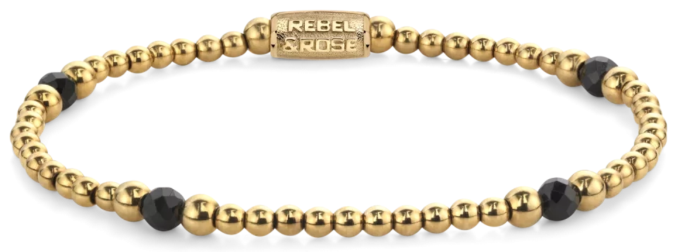 Armband aus 4mm facettierten Black Spinel Perlen, 3 und 4mm großen, goldplattierten Edelstahlsteinchen und Edelstahlverschluss - Rebel&Rose Modell: RR-40151-G-S