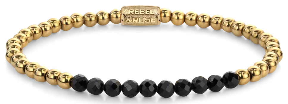 Armband aus 4mm facettierten Black Spinel Perlen, goldplattierten Edelstahlsteinchen und Edelstahlverschluss - Rebel&Rose Modell: RR-40152-G-S
