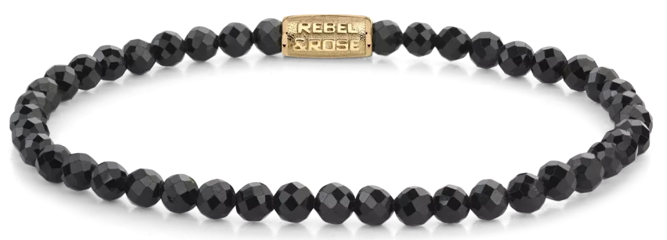 Armband mit facettierten schwarzen Spinelperlen und Edelstahlverschluss, Rebel&Rose-Tag