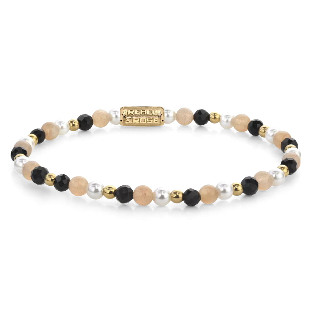 Armband aus 4mm Steinen (Schwarzer Spinell, Muschelperle, Sonnenstein, goldfarbene Steine) und Edelstahlverschluss - Rebel&Rose Modell: RR-40154-G-S