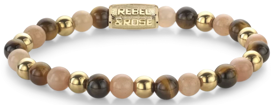 Armband aus 6mm (Tigerauge, Sonnenstein, goldfarbene Steine) mit goldplattiertem Edelstahlverschluss - Rebel&Rose Modell: RR-60129-G-M