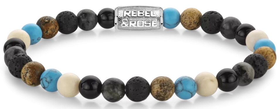 Armband aus 6mm Edelsteinen (Achat, Larvikit, Lavastein, Bild Jaspis, Turqurenit). Edelsteinen mit grauem Edelstahlverschluss - Rebel&Rose Modell: RR-60131-S-M