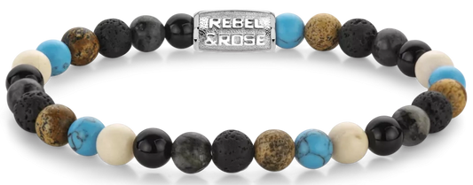 Armband aus 6mm Edelsteinen (Achat, Larvikit, Lavastein, Bild Jaspis, Turqurenit). Edelsteinen mit grauem Edelstahlverschluss - Rebel&Rose Modell: RR-60131-S-M