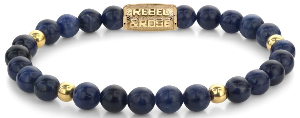 Armband aus 6mm großen blauen Sodalith-Steinen Edelsteinen mit goldplattiertem Edelstahlverschluss - Rebel&Rose Modell: RR-60137-G-S