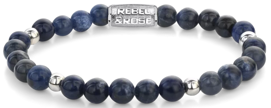 Armband aus 6mm großen blauen Sodalith-Steinen Edelsteinen mit Edelstahlverschluss - Rebel&Rose Modell: RR-60138-S-M