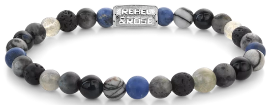 Armband aus 6mm großen Sodalithblau, Achat, Tigeraugeblau, Larvenkitgrau, Labradorit und Lavasteinen mit Edelstahlverschluss - Rebel&Rose Modell: RR-60142-S-M