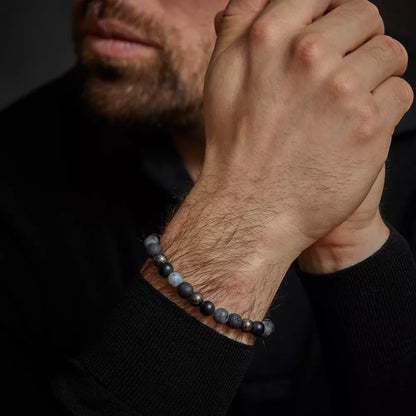 Armband aus 8mm großen schwarzen Onyx-, Lava-, Larvakit- und Hämatitsteinen mit grauem Edelstahlverschluss - Rebel&Rose Modell: RR-80105-V-L