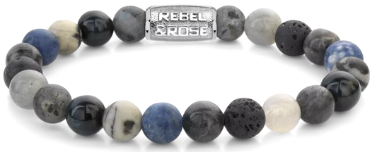 Armband aus 8mm großen Sodalithblau, Achat, Tigeraugeblau, Larvenkitgrau, Labradorit und Lavasteinen mit Metallverschluss - Rebel&Rose Modell: RR-80114-S-M