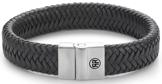 Armband aus 15mm dickem, schwarzem Leder mit Edelstahlverschluss - Rebel&Rose Modell: RR-M0032-S-L