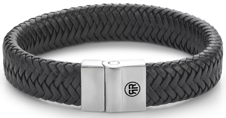 Armband aus 15mm dickem, schwarzem Leder mit Edelstahlverschluss - Rebel&Rose Modell: RR-M0032-S-M